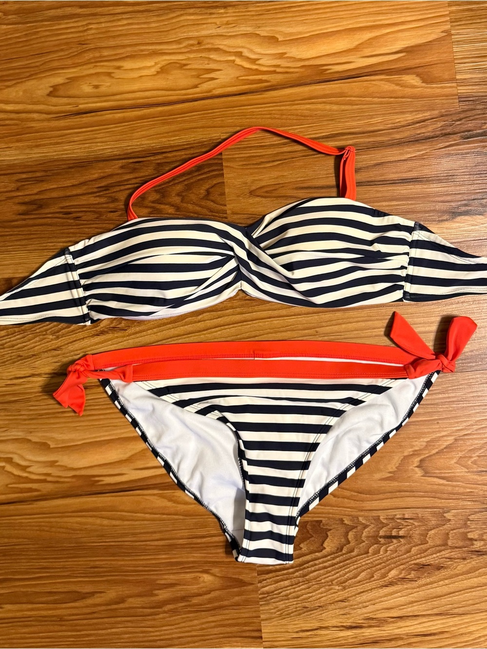 Boden • Navy and White Striped Bikini with Coral Accents